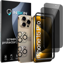 Load image into Gallery viewer, Inskin Privacy Screen Protector for iPhone 15 Pro (6.1 inch, 2023) - 2+2 Tempered Glass for Screen & Camera Lens, Auto-Align Installation, Long-Lasting Plasma Coating, Fits Cases