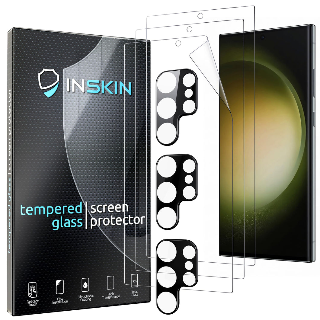 Inskin Anti Glare Screen and HD Clear Camera Protector for Samsung Galaxy S23 Ultra 5G 6.8 inch [2023] - 3 X Matte TPU Film + 3 X Tempered Glass, Fingerprint Unlock, Bubble Free