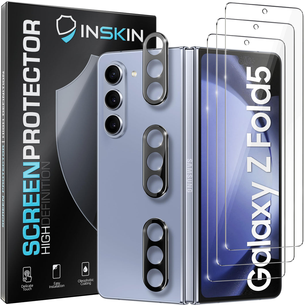 Inskin 2-in-1 Front Screen and Camera Lens Protector for Samsung Galaxy Z Fold 5 5G 7.6 inch [2023] - 3+3 Pack, 9H Tempered Glass Film, HD Clear
