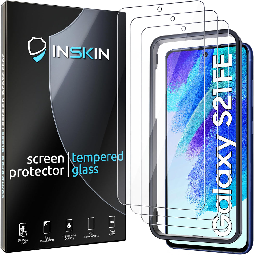 Inskin Screen Protector for Samsung Galaxy S21 FE 5G/4G (6.4 inch, 2022) - 3-Pack Tempered Glass, Auto-Align Installation, Plasma Coating, Fingerprint ID Support, Fits Cases