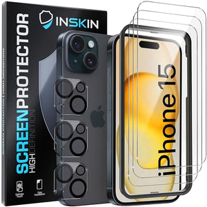 Inskin Tempered Glass Screen Protector for iPhone 15 Series [2023] - Ultimate 3+3 Bundle with Camera Lens Guard and Auto Alignment Tray - Ultra HD, Case Compatible