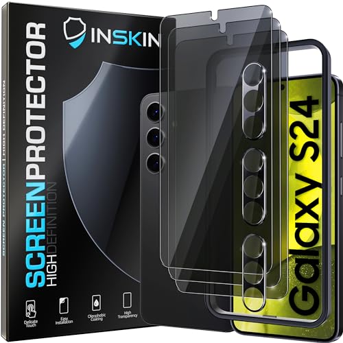 Inskin Privacy Tempered Glass Screen Protector for Samsung Galaxy S24 series [2024] - Ultimate 3+3 Bundle with HD Clear Camera Lens Guard and Auto Alignment Tray - Ultrasonic Fingerprint Support, Case Compatible