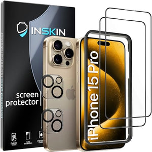 Inskin Tempered Glass Screen Protector for iPhone 15 Pro Series [2023] - Ultimate 2+2 Bundle with Camera Lens Guard and Auto Alignment Tray - Ultra HD, Case Compatible