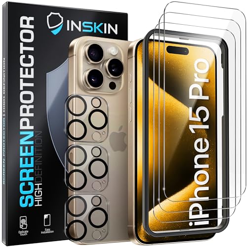 Inskin Tempered Glass Screen Protector for iPhone 15 Pro Series [2023] - Ultimate 3+3 Bundle with Camera Lens Guard and Auto Alignment Tray - Ultra HD, Case Compatible