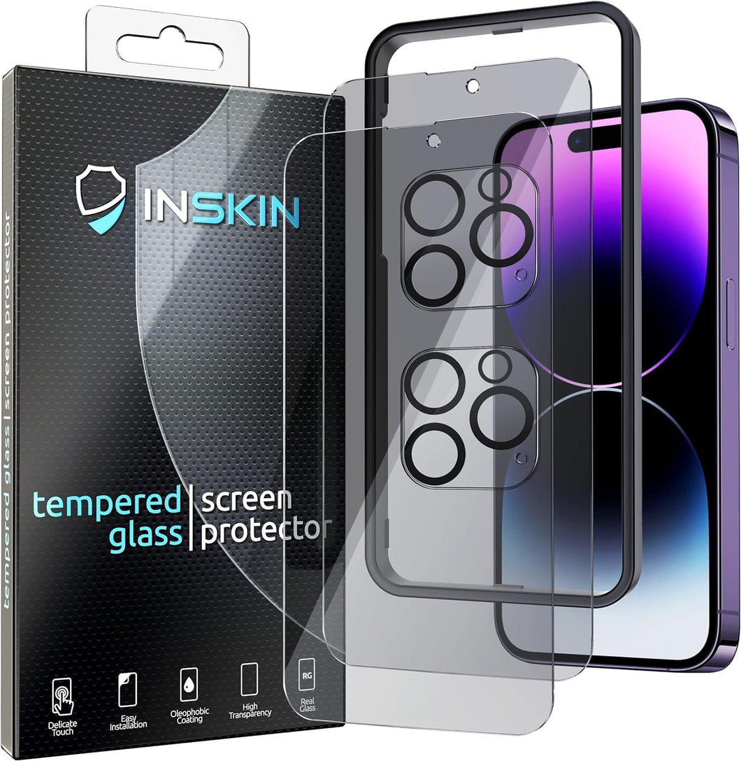 Inskin Privacy Screen Protector for iPhone 14 Pro (6.1 inch, 2022) - 2+2 Tempered Glass for Screen & Camera Lens, Auto-Align Installation, Ultra HD, Long-Lasting Plasma Coating, Fits Cases