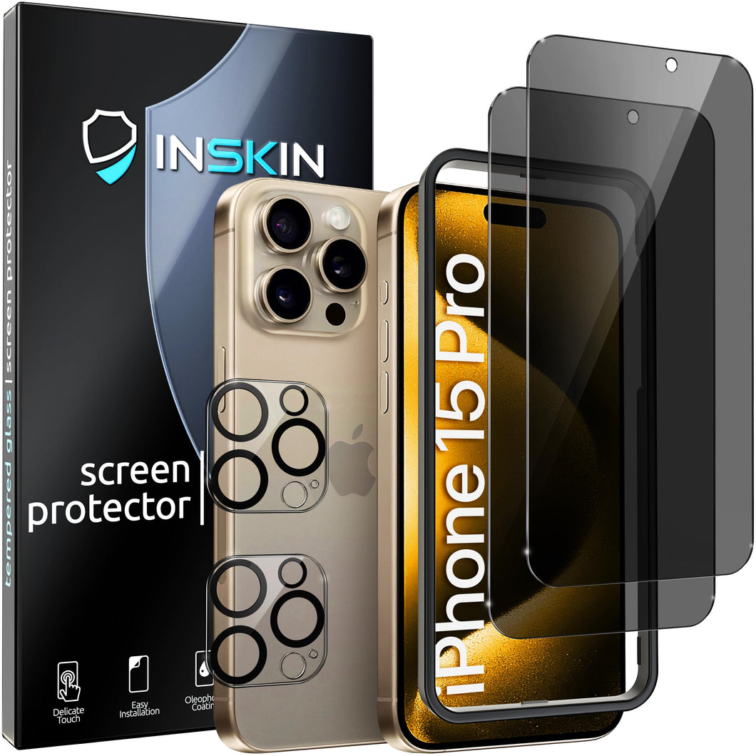 Inskin Privacy Screen Protector for iPhone 15 Pro (6.1 inch, 2023) - 2+2 Tempered Glass for Screen & Camera Lens, Auto-Align Installation, Long-Lasting Plasma Coating, Fits Cases
