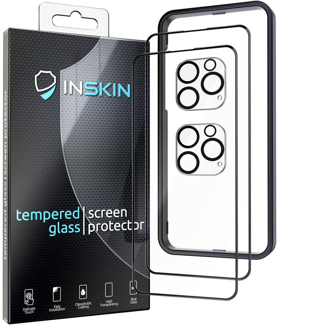 Inskin 2-in-1 Matte Anti-Glare Screen and Clear Rear Camera Lens Tempered Glass Protector, fits Apple iPhone 13 Pro. 2+2 Pack with Application Frame.