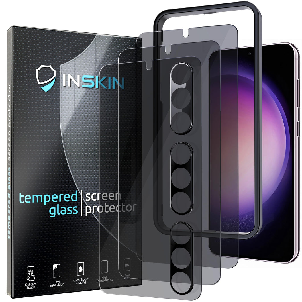 Inskin Privacy Screen and HD Clear Camera Lens Protector, fits Samsung Galaxy S23 Plus 5G 6.6 inch [2023] - 3+3 Pack, 9H Anti Spy Tempered Glass Film, Fingerprint Unlock, Case-Friendly