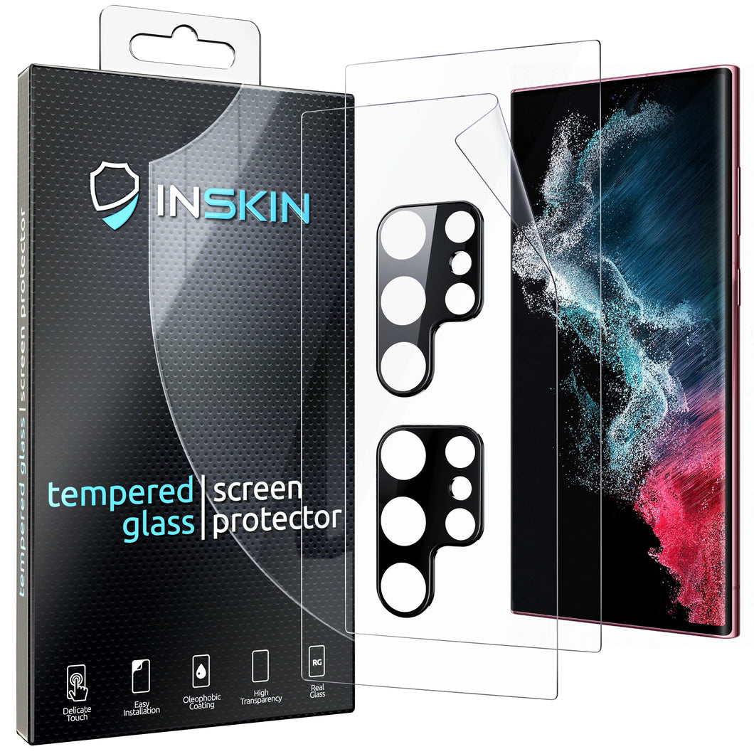 Inskin TPU Film Screen and Tempered Glass Camera Lens Protector for Samsung Galaxy S22 Ultra 5G 6.8 inch [2022] - 2+2 Pack, Fingerprint Compatible, 3D Full Coverage, Ultra-Thin, Ultra HD, Bubble Free.